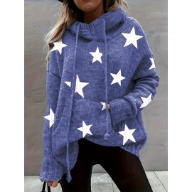 Plus Size Casual Sweater, Women's Plus Star Print Long Sleeve Drawstring Hoodie Sweater With Pockets