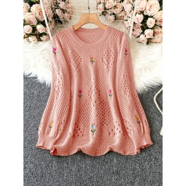 Plus Size Floral Embroidery Sweater, Casual Cut Out Long Sleeve Crew Neck Sweater For Spring, Women's Plus Size Clothing