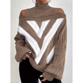 Plus Size Casual Sweater, Women's Plus Geometric Print Cold Shoulder Long Sleeve Slight Stretch Turtle Neck Sweater