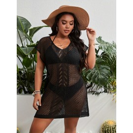 Plus Size Cutout Cover Up Knitted Top, Casual Beach Wear Short Sleeve Sweater, Women's Plus Size Clothing