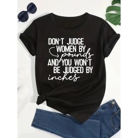 Plus Size JUDGE WOMEN Print T-shirt, Casual Short Sleeve Crew Neck Top For Spring & Summer, Women's Plus Size Clothing