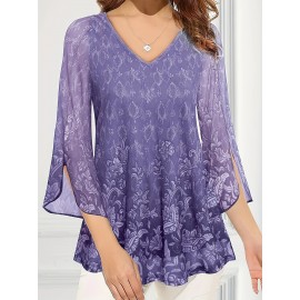 Plus Size Casual Top, Women's Plus Solid Floral Pattern Mesh Split Bell Sleeve V Neck Tunic Top