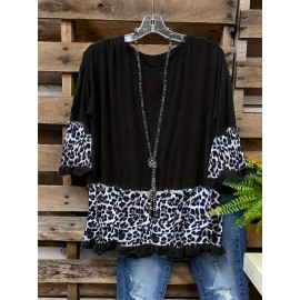 Plus Size Casual Top, Women's Plus Colorblock Leopard Print Lettuce Trim Short Sleeve Round Neck Slight Stretch Top