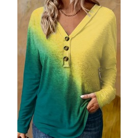 Plus Size Ombre Print Button Front T-shirt, Casual Long Sleeve V Neck Top For Spring & Fall, Women's Plus Size Clothing