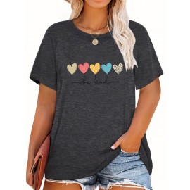 Plus Size Casual T-shirt, Women's Plus Heart & Slogan Print Short Sleeve Round Neck Medium Stretch T-shirt