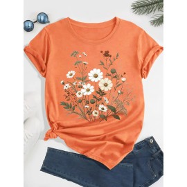 Plus Size Floral Print T-Shirt, Casual Crew Neck Short Sleeve T-Shirt, Women's Plus Size Clothing