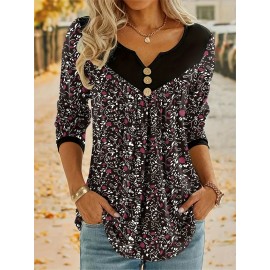 Plus Size Casual Top, Women's Plus Colorblock Ditsy Floral Print Button Decor Long Sleeve Notched Neck Medium Stretch Top