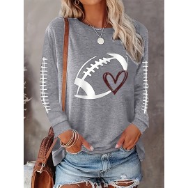 Plus Size Casual Top, Women's Plus Rugby & Heart Print Long Sleeve Round Neck Medium Stretch Top