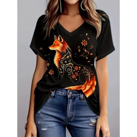 Plus Size Fox Print T-shirt, Casual Short Sleeve V Neck Top For Spring & Summer, Women's Plus Size Clothing