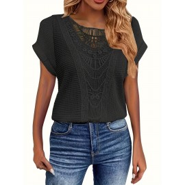 Plus Size Contrast Lace Top, Casual Crew Neck Short Sleeve Top, Women's Plus Size Clothing