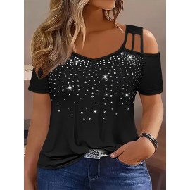 Plus Size Rhinestone Decor T-Shirt, Casual Cold Shoulder Short Sleeve T-Shirt, Women's Plus Size Clothing