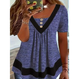 Plus Size Button Front T-Shirt, Casual Short Sleeve Top For Spring & Summer, Women's Plus Size Clothing