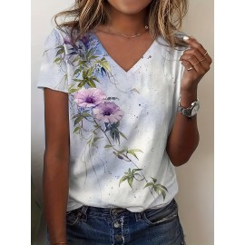 Plus Size Casual T-shirt, Women's Plus Tie Dye Floral Print Short Sleeve V Neck Slight Stretch T-shirt