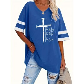 Plus Size Cross & Letter Print T-Shirt, Casual Short Sleeve Top For Spring & Summer, Women's Plus Size Clothing