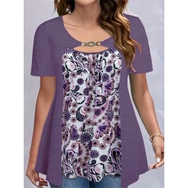 Plus Size Floral Print Cutout Top, Casual Short Sleeve Top For Spring & Summer, Women's Plus Size Clothing