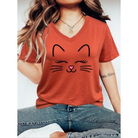 Plus Size Cartoon Cat Print T-Shirt, Casual V Neck Short Sleeve T-Shirt, Women's Plus Size Clothing