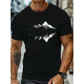 plus size men's summer t-shirt, Mountain reflection  graphic print short sleeve tees trend casual tops for daily life, big & tall guys