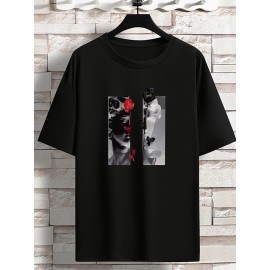 Men's Picture Print Crew Neck Stretch T-shirt, Oversized Breathable Short Sleeve Tops, Plus Size Casual Clothing For Spring Summer