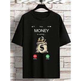 Men's 'MONEY Is Calling...' Print Crew Neck Stretch T-shirt, Oversized Breathable Short Sleeve Tops, Plus Size Casual Clothing For Spring Summer Plus Size Women & Men Clothes Best Sellers Gifts