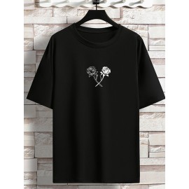 Men's Rose Print Crew Neck Stretch T-shirt, Oversized Short Sleeve Tops, Plus Size Casual Clothing For Spring Summer, Valentine's Day Print