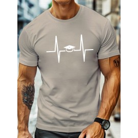 plus size men's summer t-shirt, heartbeat graduation cap  graphic print short sleeve tees trend casual tops for daily life, big & tall guys