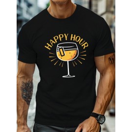 plus size men's summer t-shirt, Happy hour  graphic print short sleeve tees trend casual tops for daily life, big & tall guys