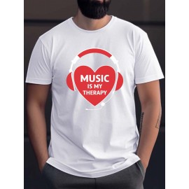 plus size men's summer t-shirt, Heart headphones  graphic print short sleeve tees trend casual tops for daily life, big & tall guys