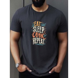 Plus Size Men's Summer T-shirt, EAT SLEEP COOK REPEAT Graphic Print Short Sleeve Tees Trend Casual Tops For Daily Life, Big & Tall Guys