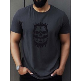 Plus Size Men's Summer T-shirt, Monochromatic Skull Crown Graphic Print Short Sleeve Tees Trend Casual Tops For Daily Life, Big & Tall Guys