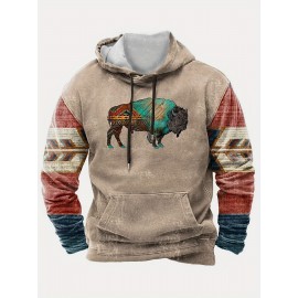 Cozy Plus Size Vintage Hoodie with Anime Bull Print | Knit Men's Hooded Sweatshirt with Pockets for Fall/Winter