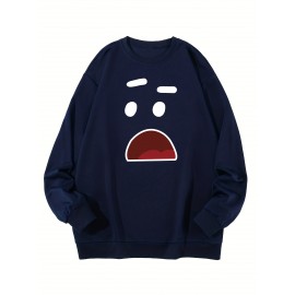 Plus Size Cartoon Face Print, Men's Sweatshirt Oversized Crew Neck Pullover Spring Fall Winter, Men's Clothing