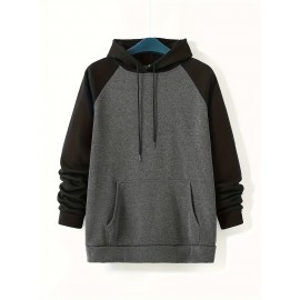 Plus Size Men's Contrast Color Hooded Sweatshirt For Spring Fall, Outdoor Sports Raglan Hoodies For Males