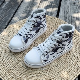 Women's Camouflage Canvas Sneakers, Casual Lace Up High Top Skate Shoes, Lightweight Flat Trainers