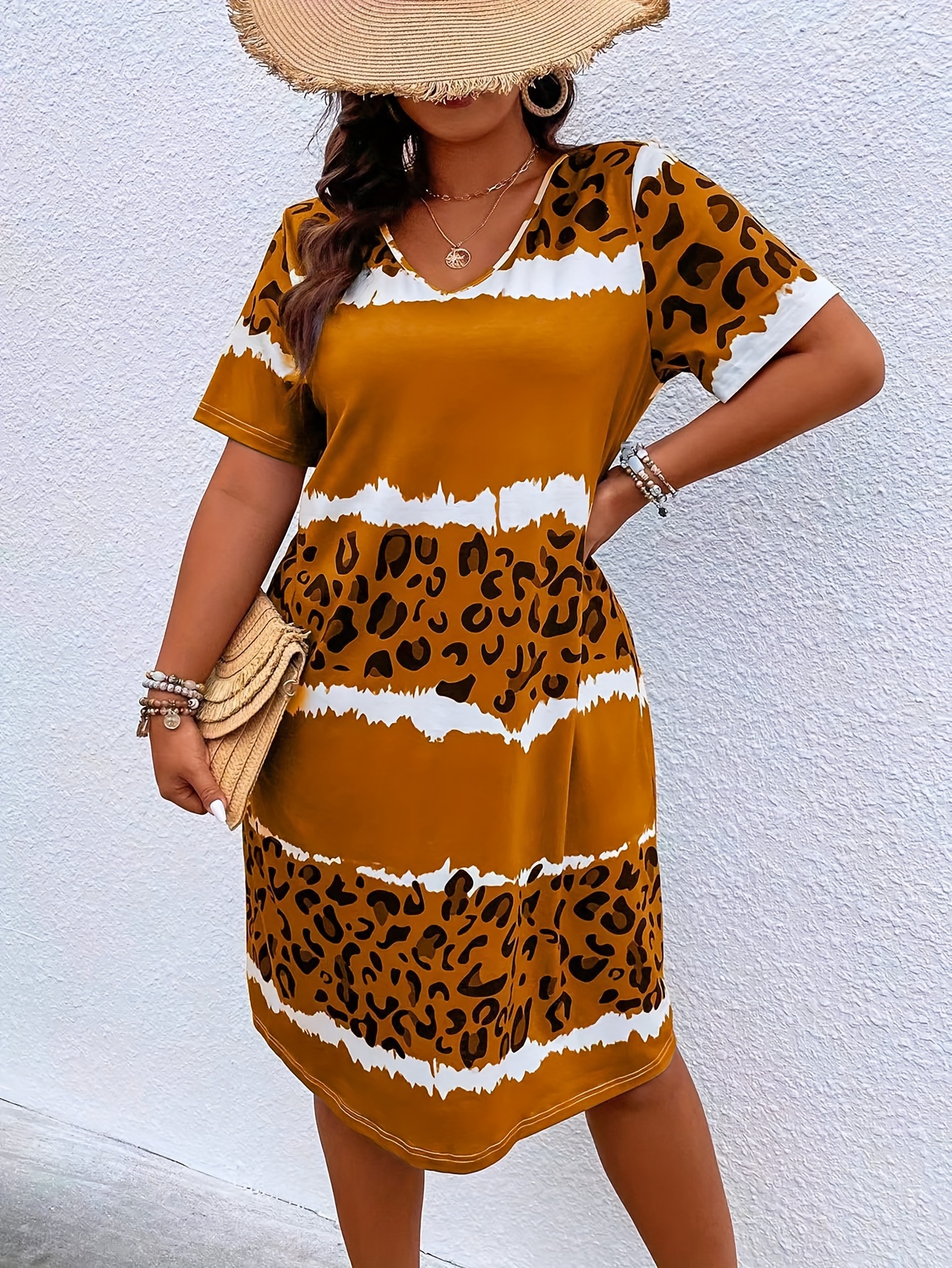 plus size casual dress womens plus tie dye colorblock leopard print short sleeve v neck slight stretch tee dress details 5