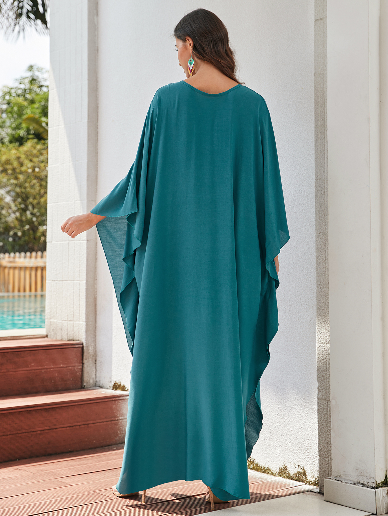 Women s Long Kaftan Beach Bikini Blouse Solid Color V-neck Man Cotton Handwoven Resort Robe Dress Seaside Vacation Sunscreen details 4