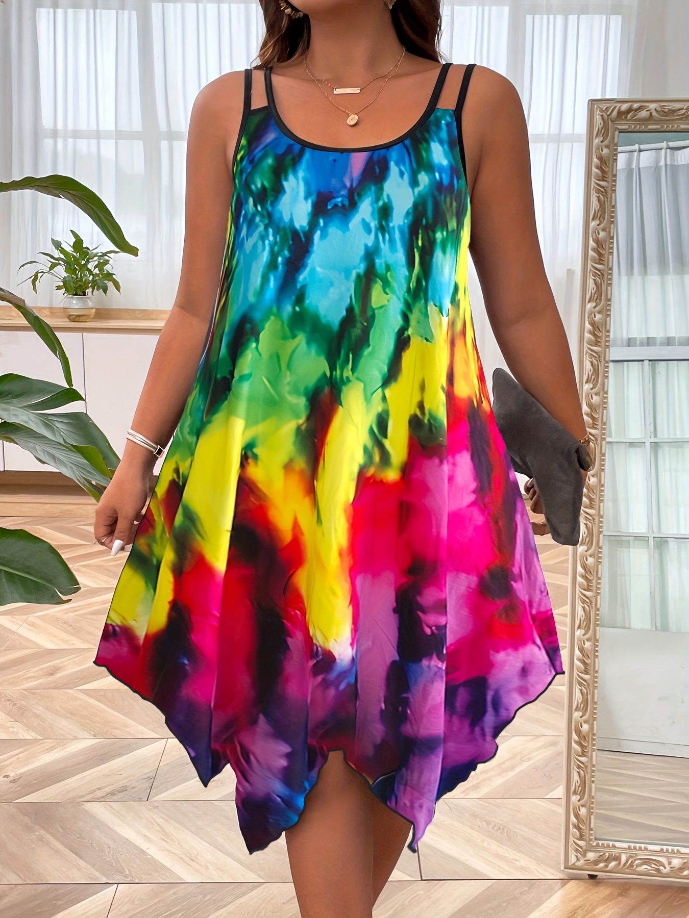 plus size tie dye print slip dress casual irregular hem crew neck dress for spring summer womens plus size clothing details 5