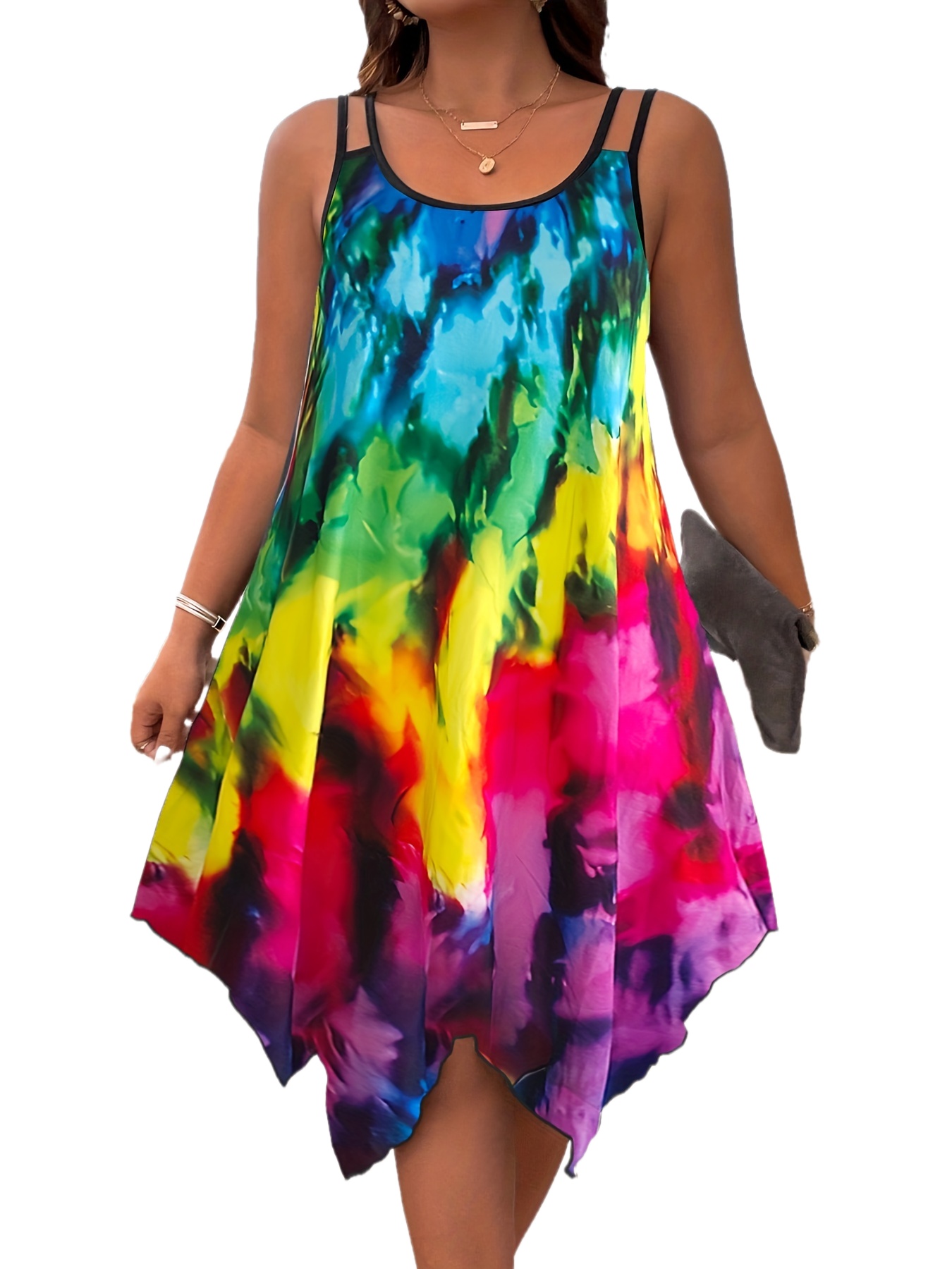 plus size tie dye print slip dress casual irregular hem crew neck dress for spring summer womens plus size clothing details 7