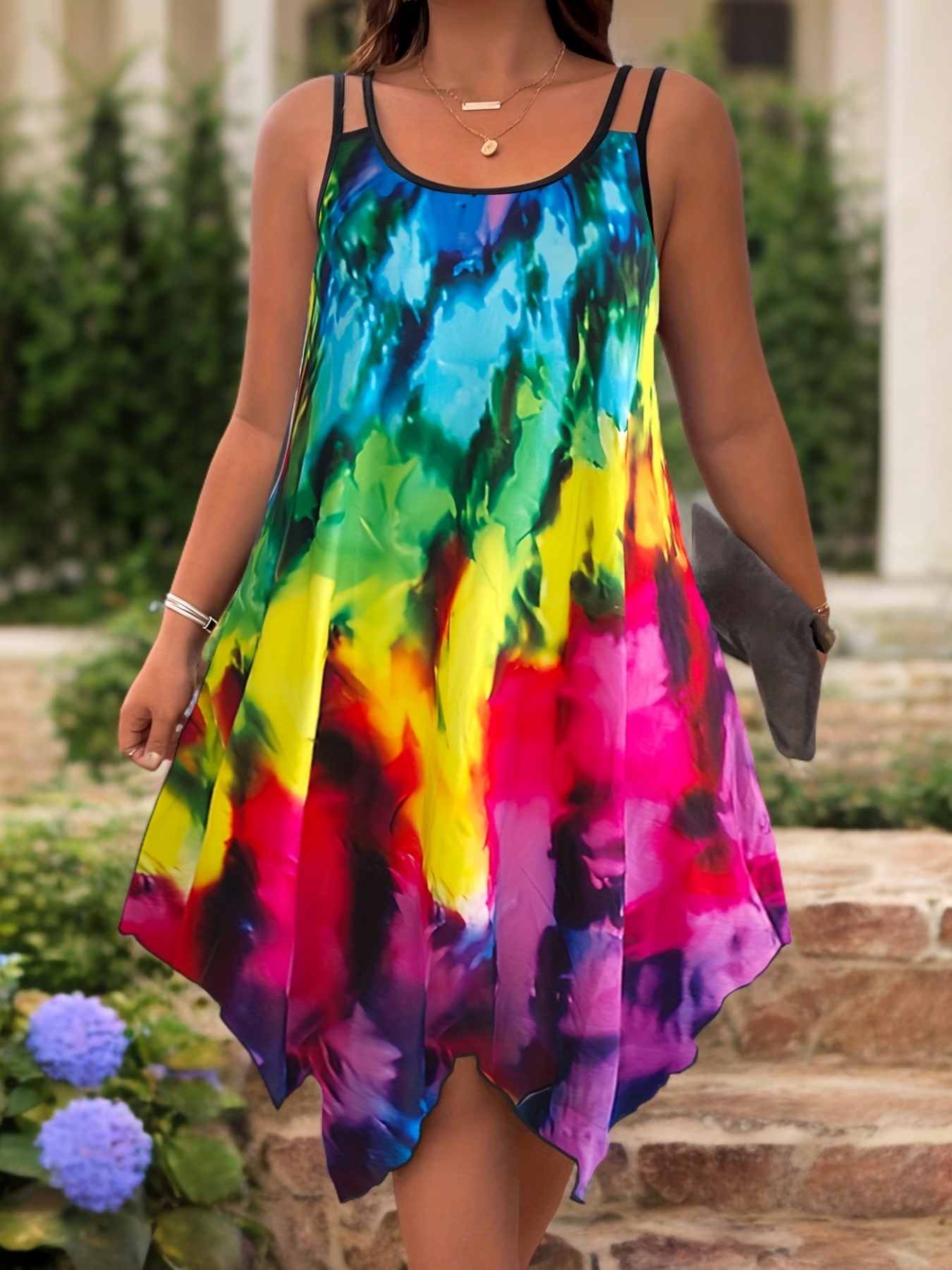 plus size tie dye print slip dress casual irregular hem crew neck dress for spring summer womens plus size clothing details 8