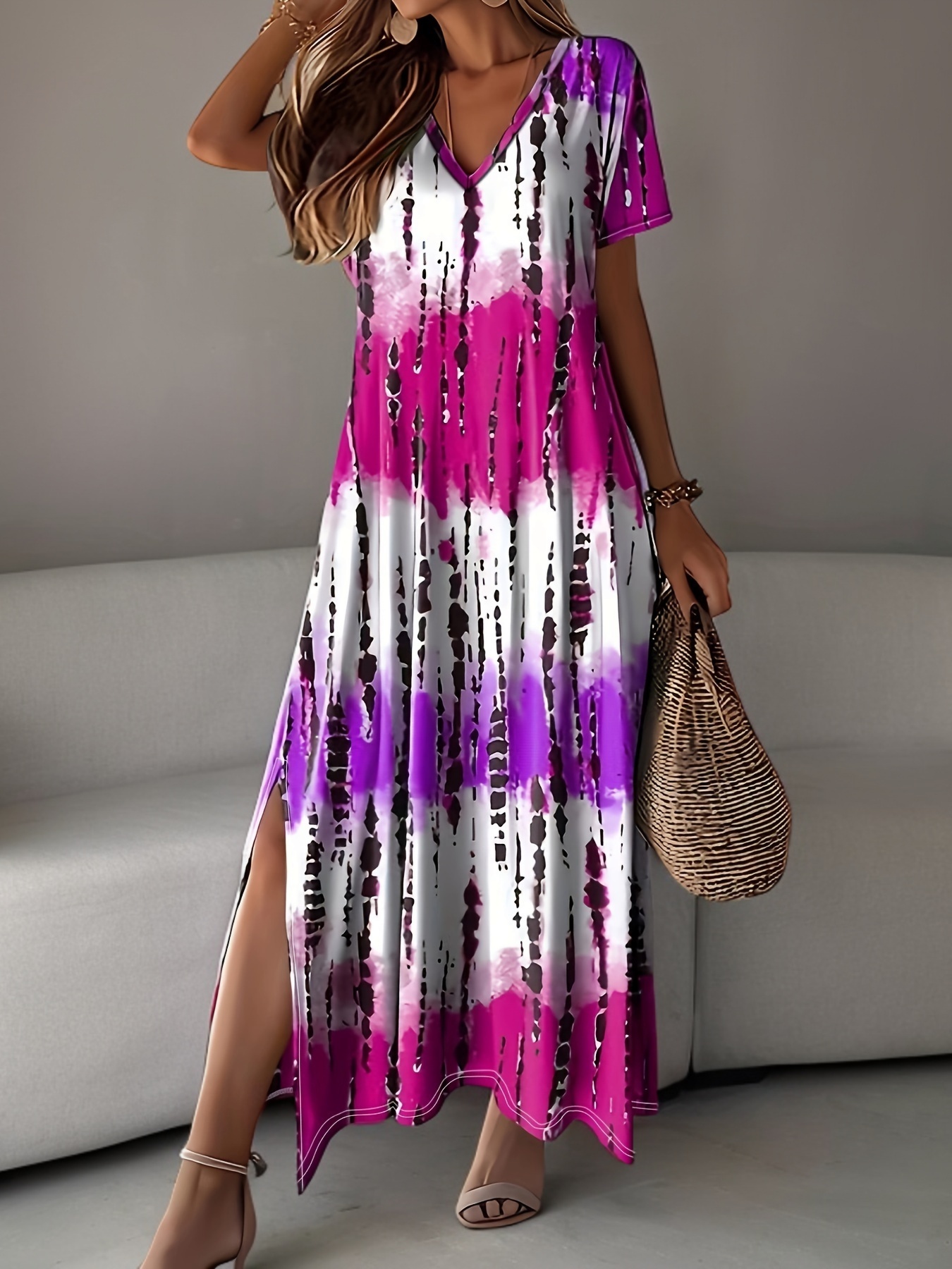 plus size tie dye v neck split dress vacation style short sleeve dress for spring summer womens plus size clothing details 15