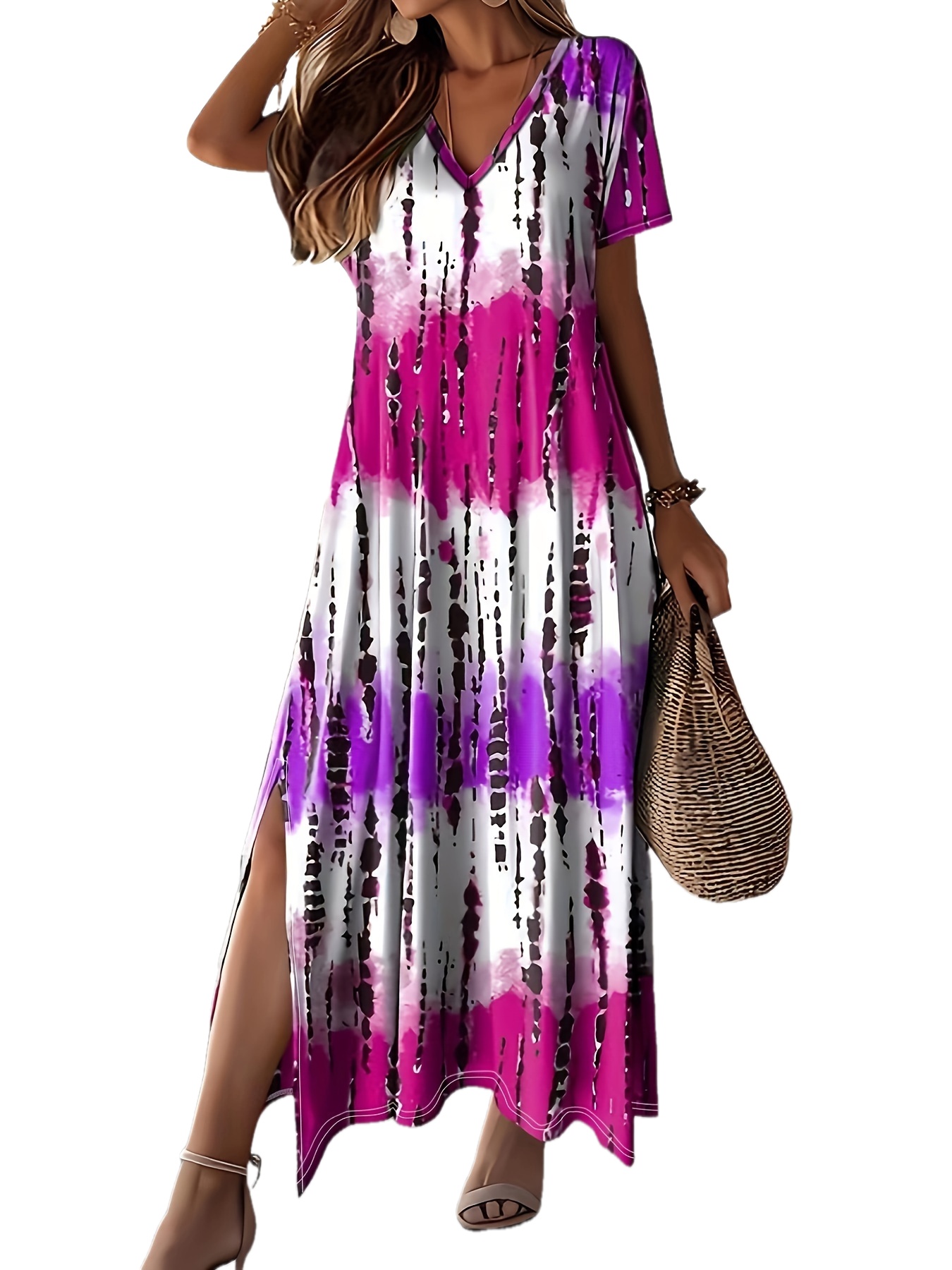 plus size tie dye v neck split dress vacation style short sleeve dress for spring summer womens plus size clothing details 16