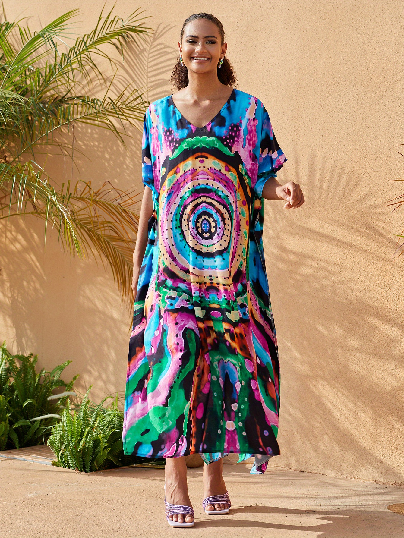 Women s Bohemian Style Printed Beach Cover Up Long Dress Holiday Long Dresses Dresses V-Neck Four Sides Elastic Loose Large Size Ethnic Style Swimwear Cover Up Casual Home Holiday Clothing details 2