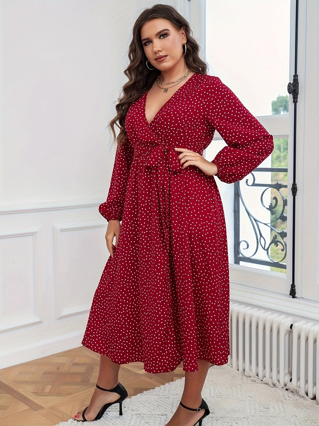 Women s Polka Dot Long Sleeve Dress details 1