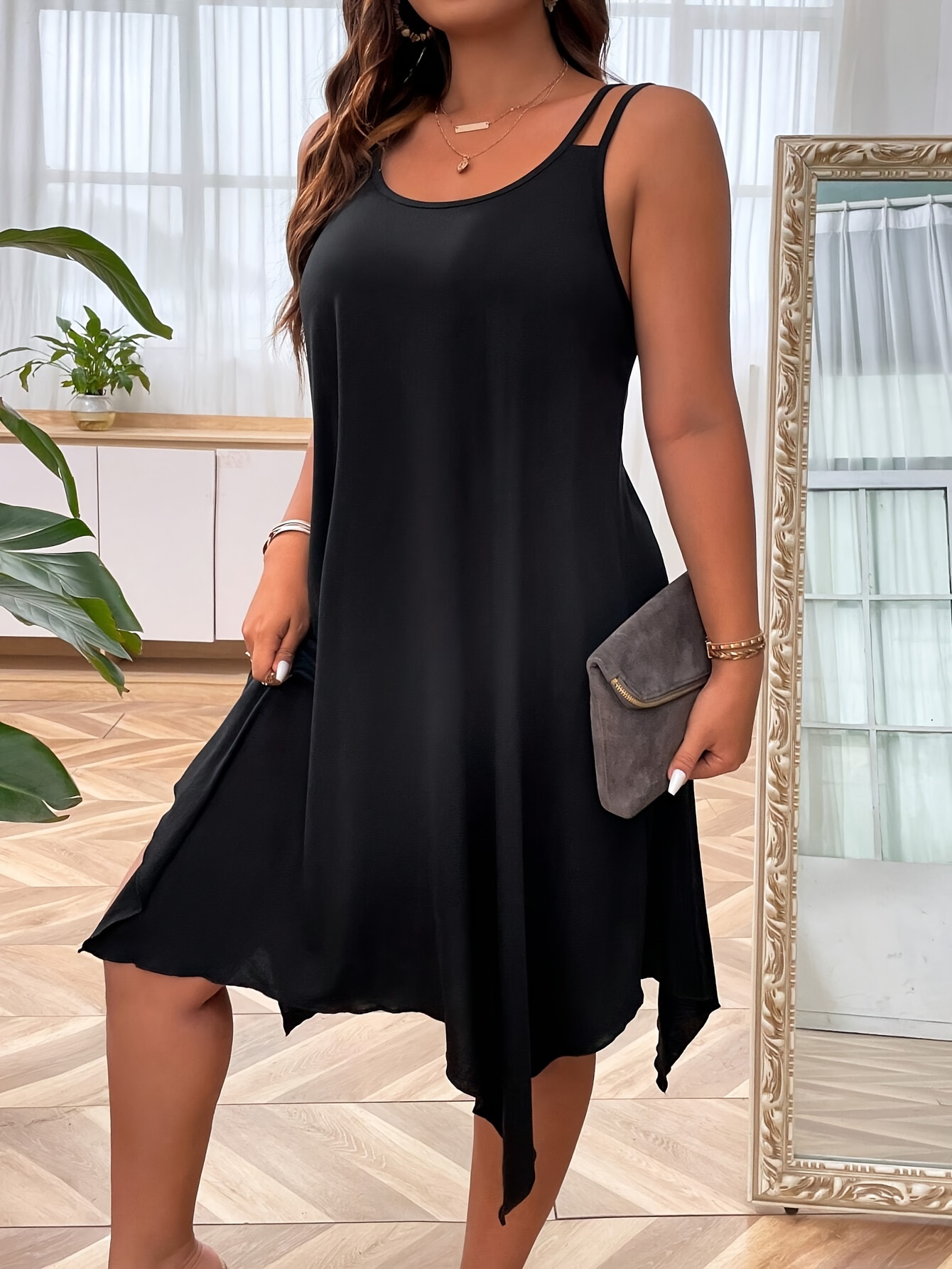 plus size solid irregular hem cami dress casual sleeveless dress for spring summer womens plus size clothing details 34