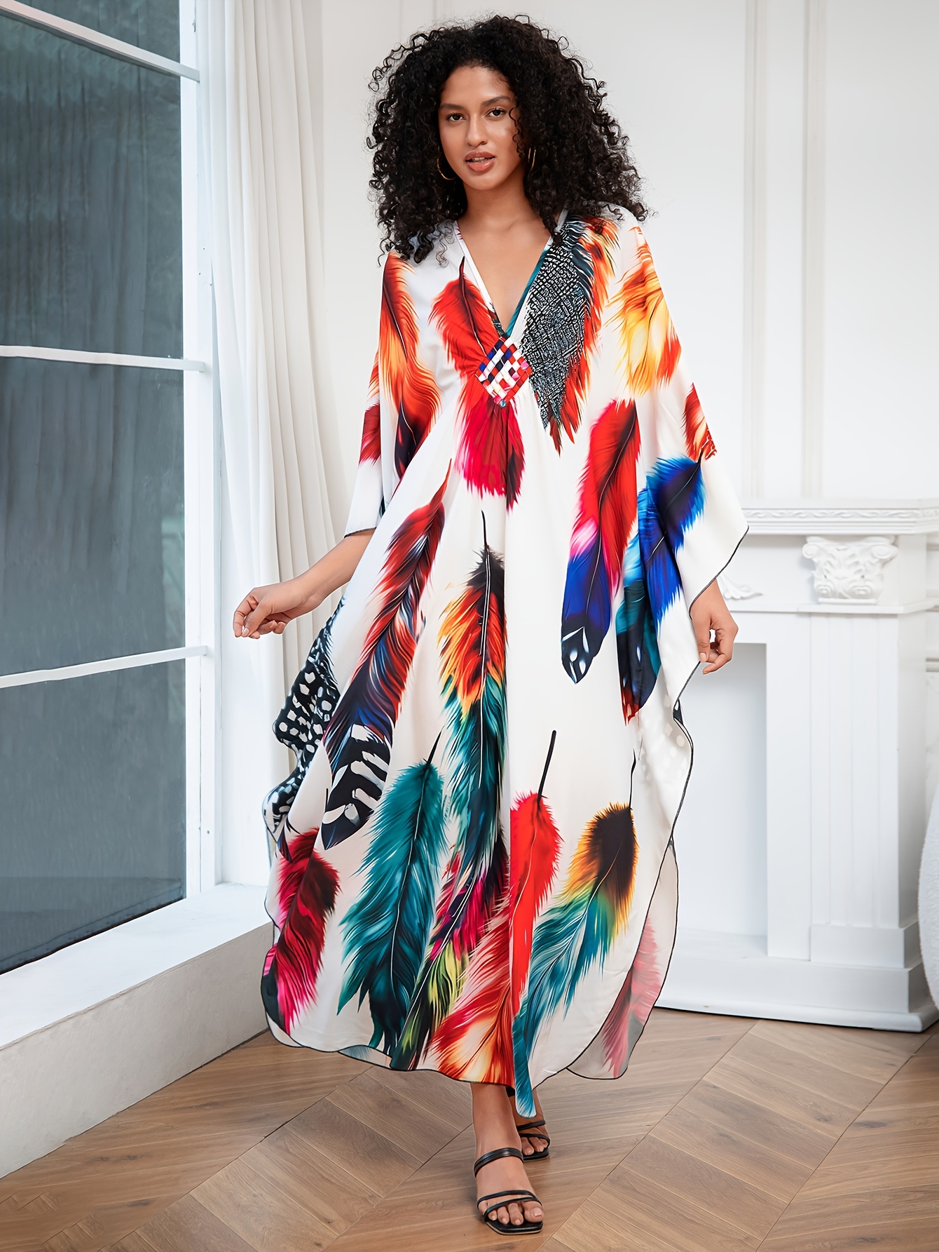 plus size allover print loose kaftan dress casual v neck batwing sleeve coverup maxi dress womens plus size clothing details 2