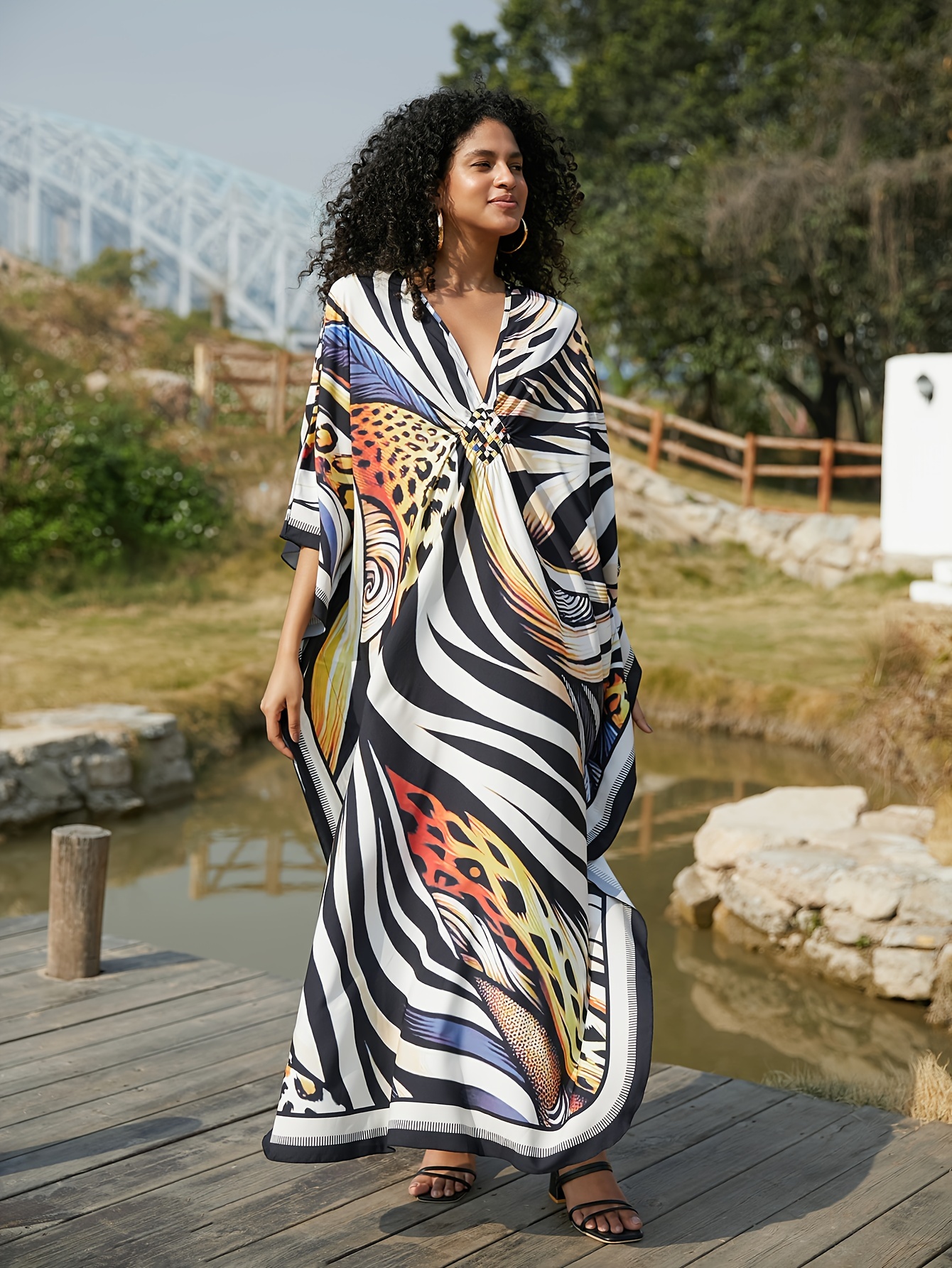 plus size allover print loose kaftan dress casual v neck batwing sleeve coverup maxi dress womens plus size clothing details 5