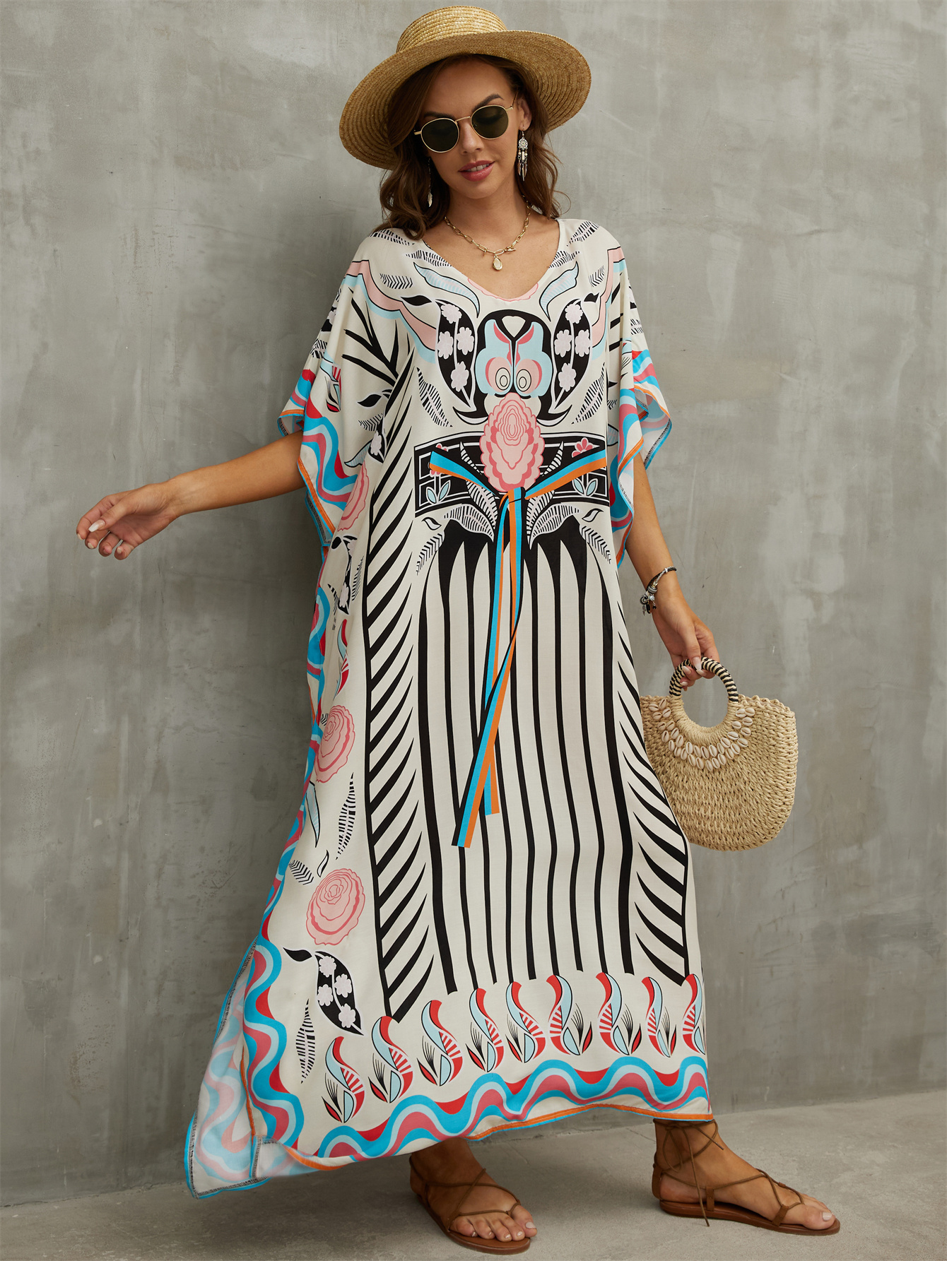 Women s Human Cotton Beach Cover-up Bohemian Positioning Printed Holiday Robe Dress V-Neck Loose Large Size Swimwear Cover-up Ethnic Style Casual Home Holiday Dresses details 0