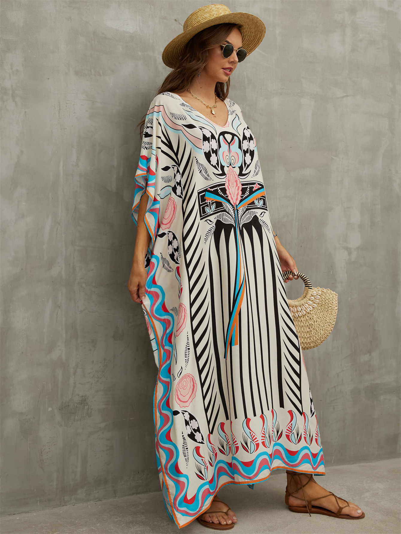 Women s Human Cotton Beach Cover-up Bohemian Positioning Printed Holiday Robe Dress V-Neck Loose Large Size Swimwear Cover-up Ethnic Style Casual Home Holiday Dresses details 1