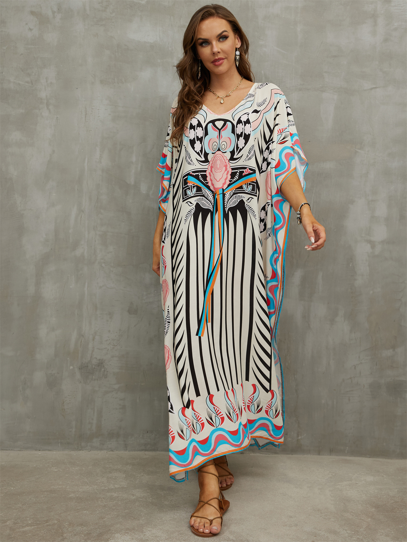 Women s Human Cotton Beach Cover-up Bohemian Positioning Printed Holiday Robe Dress V-Neck Loose Large Size Swimwear Cover-up Ethnic Style Casual Home Holiday Dresses details 2