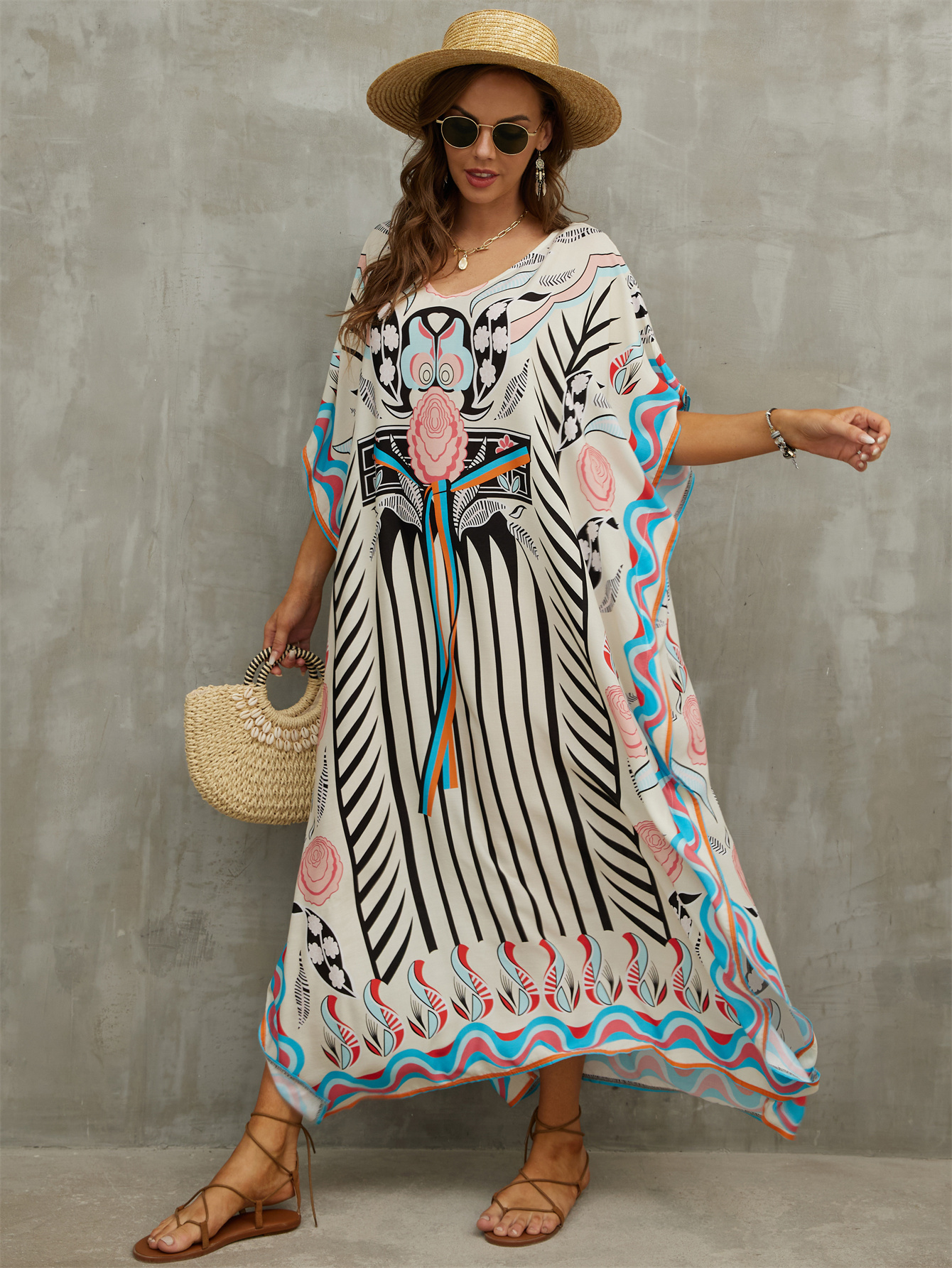 Women s Human Cotton Beach Cover-up Bohemian Positioning Printed Holiday Robe Dress V-Neck Loose Large Size Swimwear Cover-up Ethnic Style Casual Home Holiday Dresses details 3