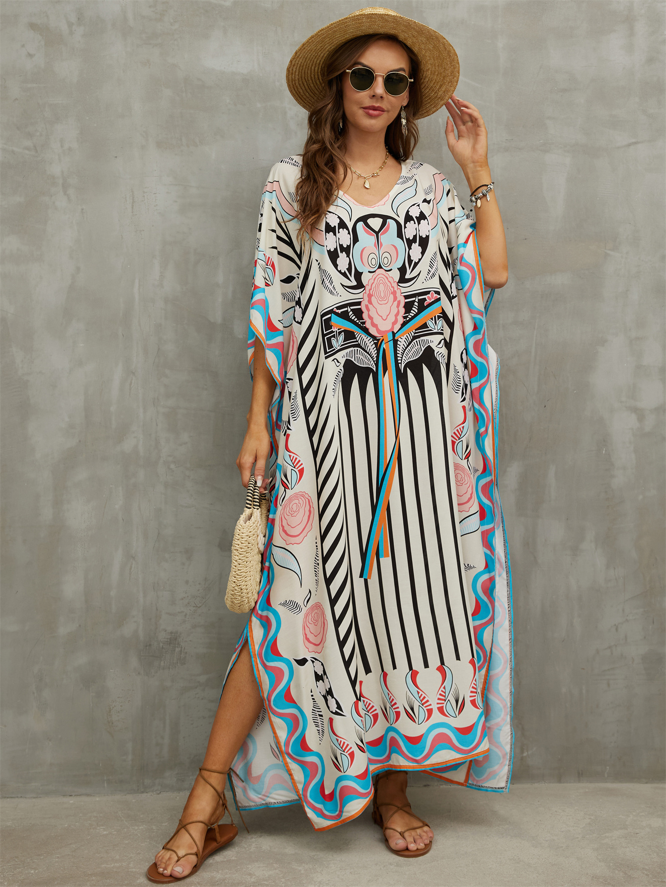 Women s Human Cotton Beach Cover-up Bohemian Positioning Printed Holiday Robe Dress V-Neck Loose Large Size Swimwear Cover-up Ethnic Style Casual Home Holiday Dresses details 4